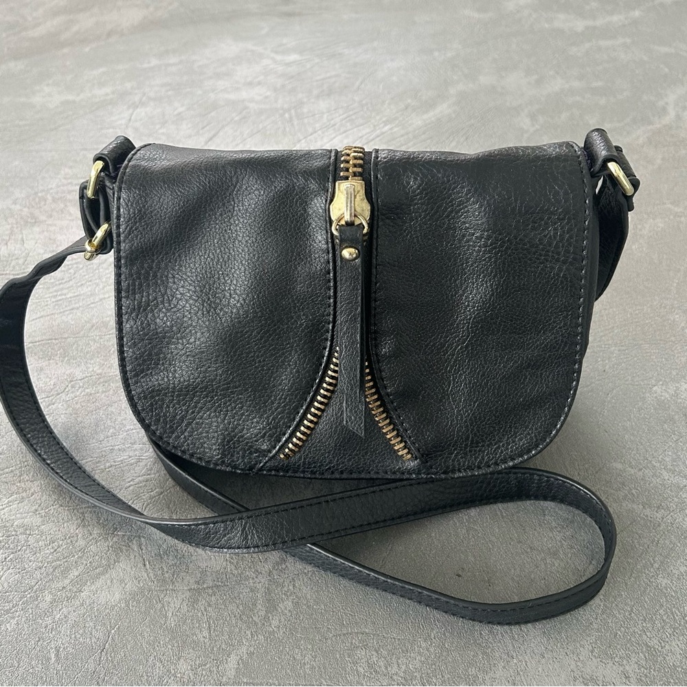 Black Leather Crossbody Bag with Gold Accents
